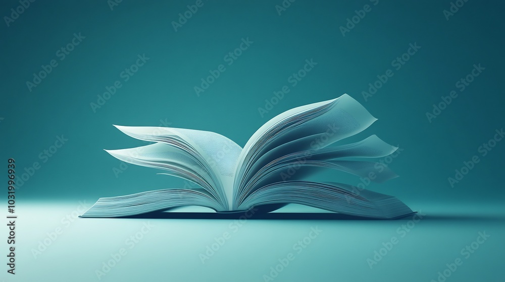 Poster futuristic 3d rendering for world book day showing an open book with floating pages on a minimalisti