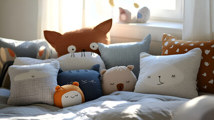 Little cute colorful dolls in kid's bedroom, Baby room decorative pillows on the bed, Copy space, Many stuffed toys stacked, on white bed


