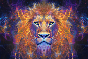 Fototapeta premium an image of a lion that combines intricate geometric patterns and bright colors to create an abstract, mystical image