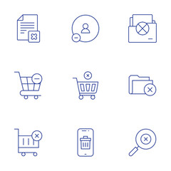 Delete icons set. Thin Line style, editable stroke. shopping cart, smartphone, delete file, delete friend, folder, search