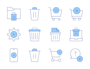 Delete icons. Line Duotone style, editable stroke. bin, cancel, cart, delete item, paper bin, trash can, smartphone, question, shopping cart, delete