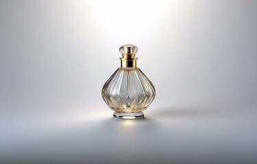 A gold accented glass perfume bottle with a clear liquid sits on a light gray background.