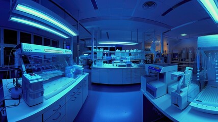 Futuristic laboratory interior with advanced equipment and blue lighting