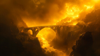 Radiant Gold Fire Arches Creating a Bridge in a Mystical Foggy Valley