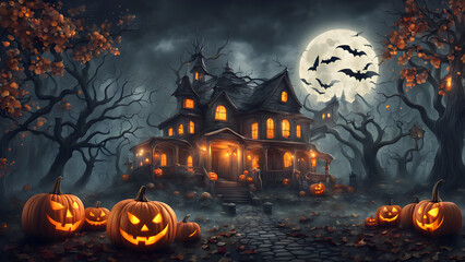 Haunted house in the distants no people, dark and shadowy, halloween punkins. ai generated.