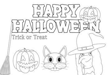 Fun Halloween-themed coloring page featuring a witch, pumpkins, cat, and broomstick. Perfect for kids spooky activities.