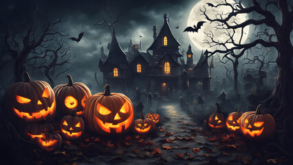 Haunted house in the distants no people, dark and shadowy, halloween punkins. ai generated.