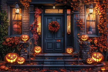 Obraz premium A beautifully decorated house entrance with glowing jack-o'-lanterns and autumn leaves, creating a warm and festive Halloween atmosphere.