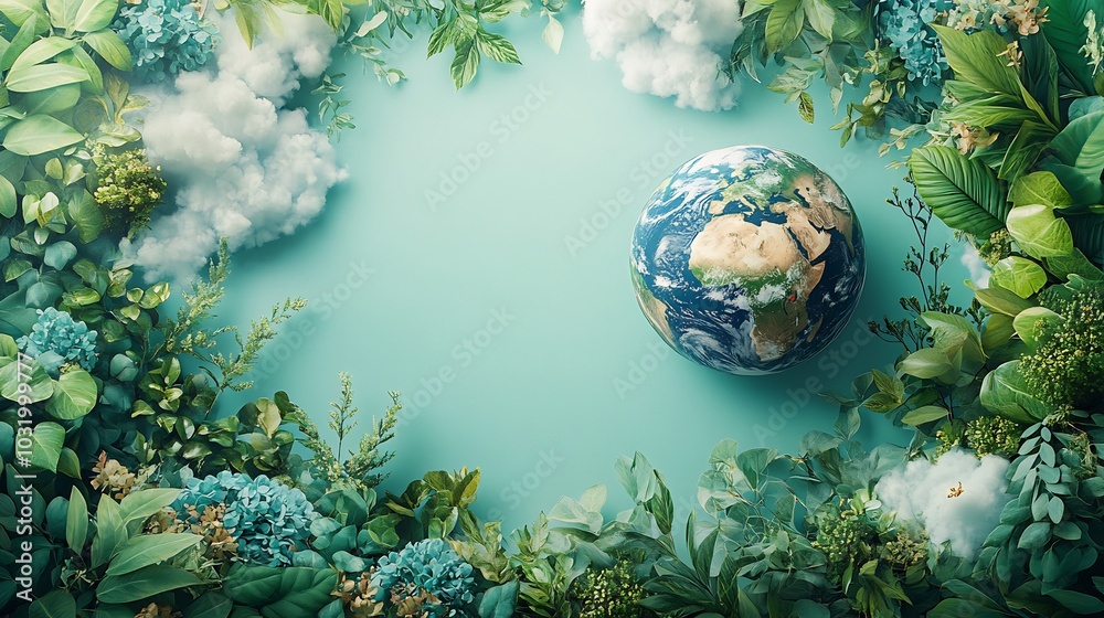 Poster generative ai earth day scene with a globe centered on a white background surrounded by nature eleme