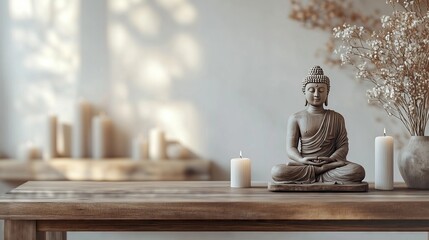 Empty wooden table, with Buddha statue in minimalist Scandinavian style
