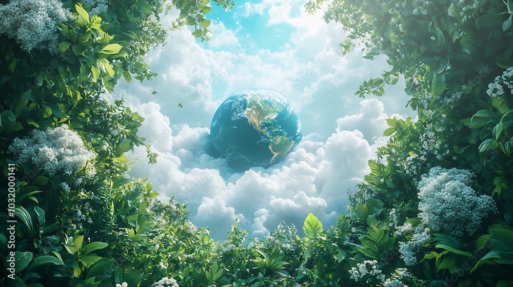 Poster generative ai earth day scene with a globe centered on a white background surrounded by nature eleme