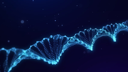 Abstract moving DNA wave with dots and lines. Concept network connection system data. Music sound background. Genetic biotechnology and artificial intelligence. 3D rendering.