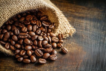 Coffee beans spilled out from burlap sack on wood table with copy space. Dark color