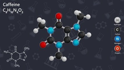 Caffeine or Guaranine. A detailed model of molecule. Molecular formula: C8H10N4O2. Natural stimulant. Chemical model: Ball and Stick. Dark background. 3d illustration