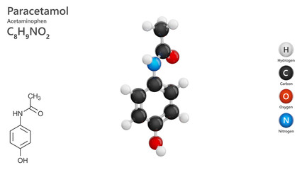 Paracetamol or acetaminophen. A detailed 3D model of medication molecule. Analgesic. Antipyretic. Molecular formula: C8H9NO2. Chemical model: Ball and Stick. White background. 3d illustration