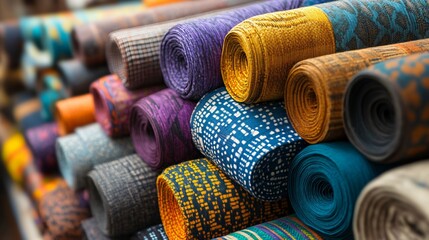 Vibrant rolls of colorful patterned fabrics showcasing diverse African textile designs. Traditional and modern woven materials with intricate motifs ideal for fashion, home decor, and cultural crafts.