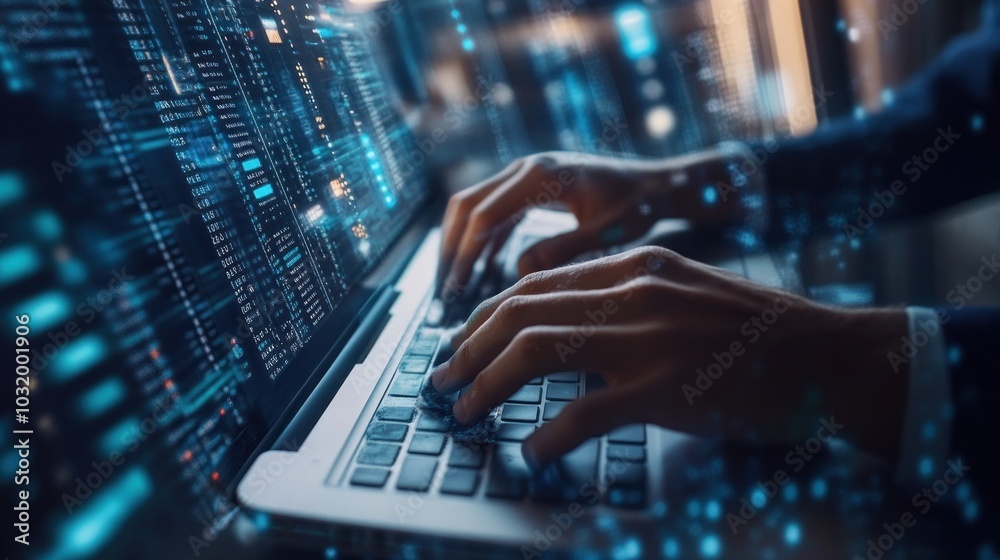 Poster programmer typing code on laptop