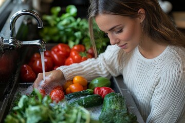 Woman in white sweater washes vegetables in the sink, Generative AI