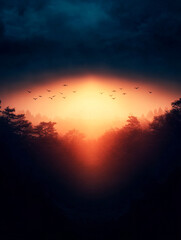 Fototapeta premium Golden sunrise breaking through the misty forest with birds flying in the soft morning light