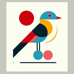 Stylized illustration of a bird with geometric shapes and bright colors in a modern art style