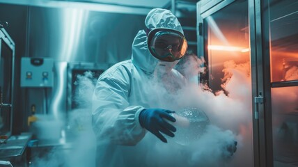 Scientific researcher in protective gear conducting cold storage experiment in high-tech laboratory