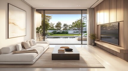 Modern Living Room Interior with an Open Backyard View, Big Window, and Minimalist Design