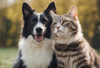 Portrait of Happy dog and cat that looking at the camera together isolated