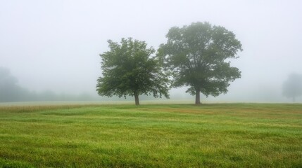 Obraz premium Serene Meadow in the Misty Fog: Two Trees Stand Tall on a Grassy Field