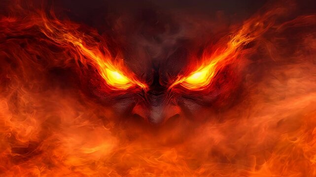 A fiery creature with glowing eyes emerges from swirling flames, creating a dramatic atmosphere of heat and intensity