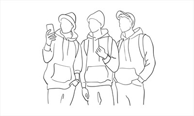 3 friends taking photos with their phones isolated on white background. Vector illustration	