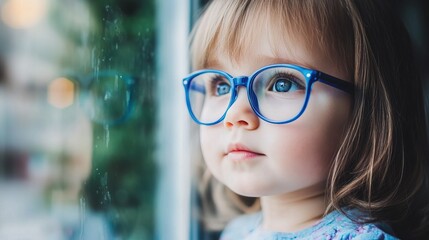 Young child wearing blue glasses focusing on distant tree outside window, symbolizing myopia prevention and importance of outdoor activities.