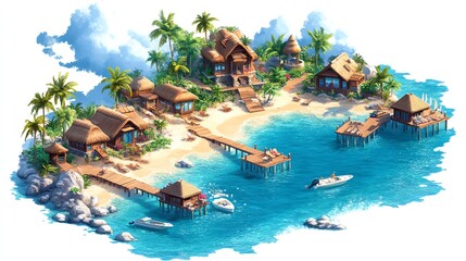 Tropical island resort with wooden huts on the beach and docks extending into the turquoise water.