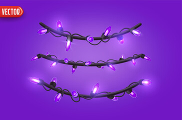 Festive Christmas Blue string lights brightly glowing. Realistic 3d New Year decorations garland isolated on rich purple background. vector illustration