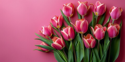Obraz premium Pink tulips arranged on a soft pink background for a spring floral display