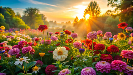Fototapeta premium A picturesque view of beautiful flower plants bathed in morning light.