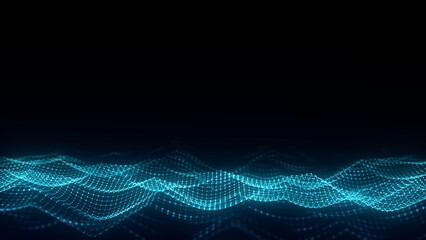 Wave with motion dots and lines. Abstract digital background. Concept connection big data. Futuristic technology backdrop. 3D rendering.