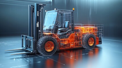 3D Digital Rendering of a Forklift in Warehouse Setting