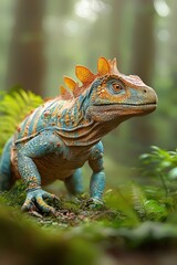 Fototapeta premium Majungasaurus in a dynamic hunting pose isolated on a gray forest background.