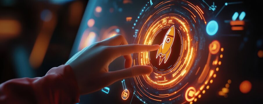 Futuristic Interface with Rocket, Space Themed Touchscreen, Digital Technology Display