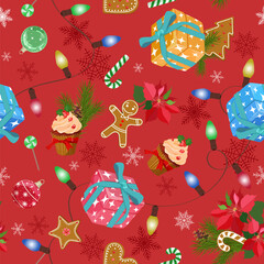 Christmas vector seamless pattern with candy canes, Christmas balls, Christmas gingerbread. Background for wrapping paper, fabric print, greeting cards design
