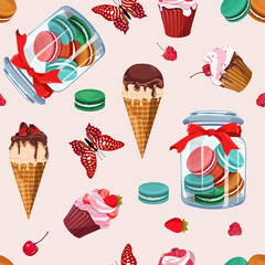 Sweet treat. Ice cream, cookie in a decorative jar and butterflies. Seamless vector illustration. For decorating textiles, packaging.