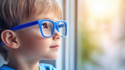 Young child wearing blue glasses focusing on distant tree outside window, symbolizing myopia prevention and importance of outdoor activities.