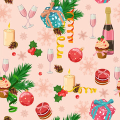 Holiday Christmas background with fir tree and festive decorations balls, cookie, snowflakes, champagne, candle on light background. Christmas vector illustration for decoration textile, holidays pack