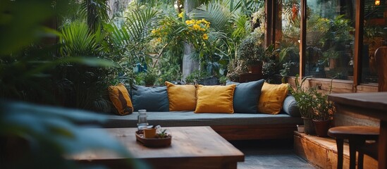 Fototapeta premium Relaxing outdoor seating area with a couch, cushions, a wooden table, and potted plants in front of a lush green garden.