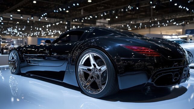 High-performance tire display: Custom wheels and sleek tire designs on luxury sports cars at an automotive exhibition