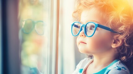 Young child wearing blue glasses focusing on distant tree outside window, symbolizing myopia prevention and importance of outdoor activities.
