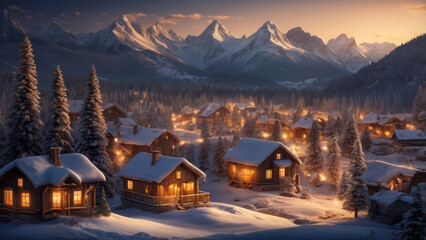 winter sunset in mountains village