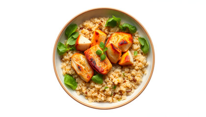 Healthy lunch bowl with chicken and quinoa isolated with white highlights, png