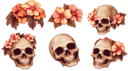 Skulls Adorned With Vibrant Flowers in a Unique Artistic Collection Generative AI