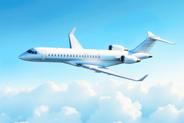 Obraz premium White corporate jet plane flying over clouds in blue sky
